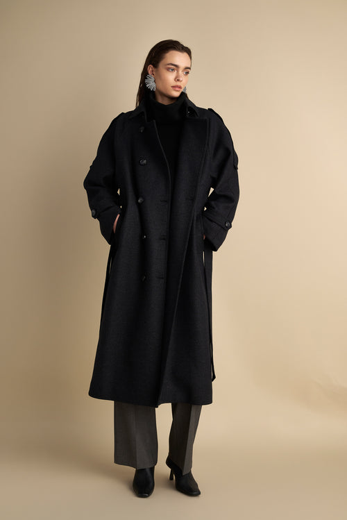 Wool Blend Trench with Cape Detail Charcoal