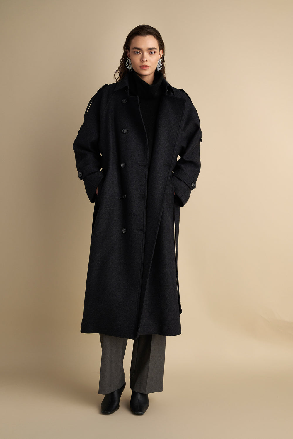Wool Blend Trench with Cape Detail Charcoal