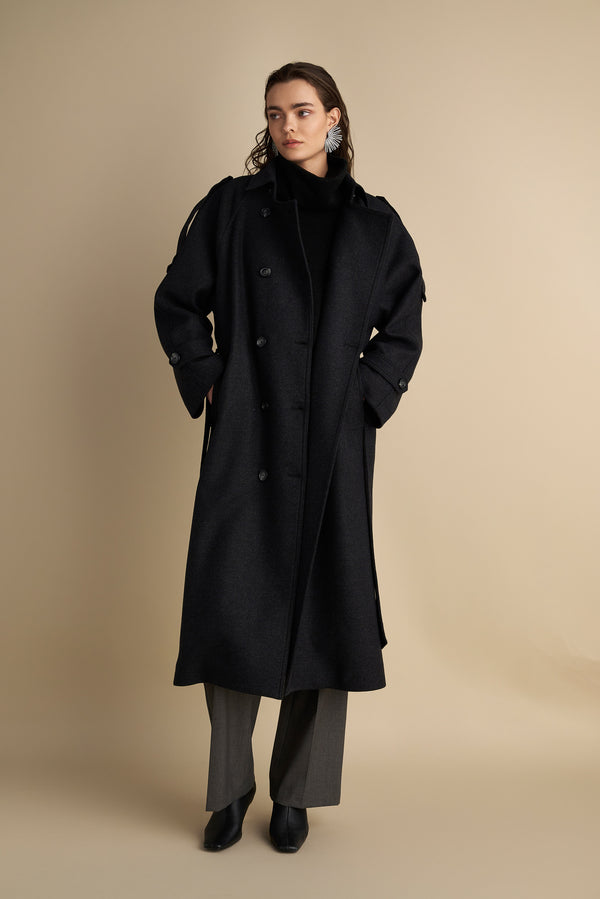 Wool Blend Trench with Cape Detail Charcoal