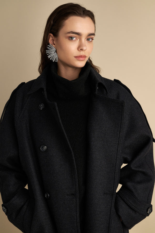 Wool Blend Trench with Cape Detail Charcoal