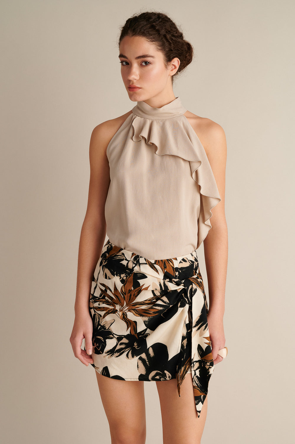 Sleeveless Ruffle‑Front Top Sand
