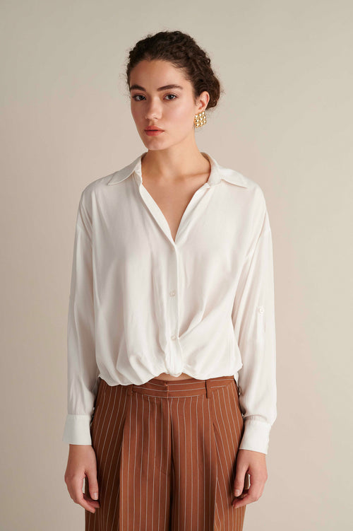V-Neck Shirt With Twisted Knot Detail White