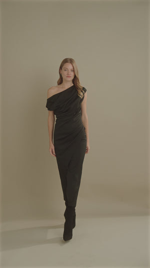 Drape Off Shoulder Midi Dress Black